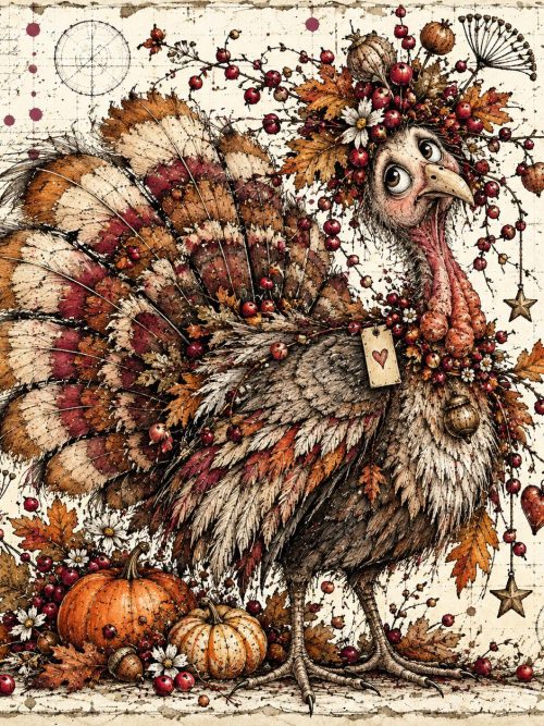 Thanksgiving Clipart PNG, Whimsical Turkey and Harvest Mouse, Vintage Pumpkin Pie Cornucopia, Autumn Junk Journal Art