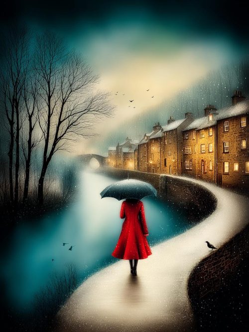 Girl in Red Coat Winter Art Set of 4 | Snowy Village Watercolour Illustrations | Whimsical Winter Landscapes | Storybook Printable Art