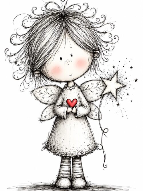 Whimsical Fairy Clipart Set of 4 | Cute Hand Drawn Fairies, Black and White Sketch Art, Red Hearts and Star Wands