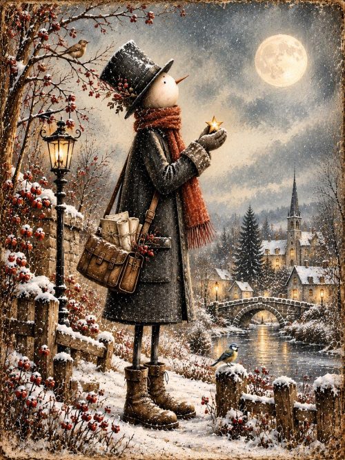 Whimsical Winter Art Set of 4, Vintage Storybook Snowman Travellers, Moonlit Village Illustrations, Gothic Winter Journal PNG