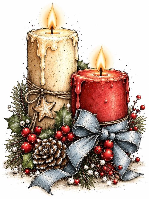 Vintage Christmas Candle Clipart Set of 4, Rustic Holiday Candles, Holly Berries, Pinecones, Watercolor PNG Illustrations