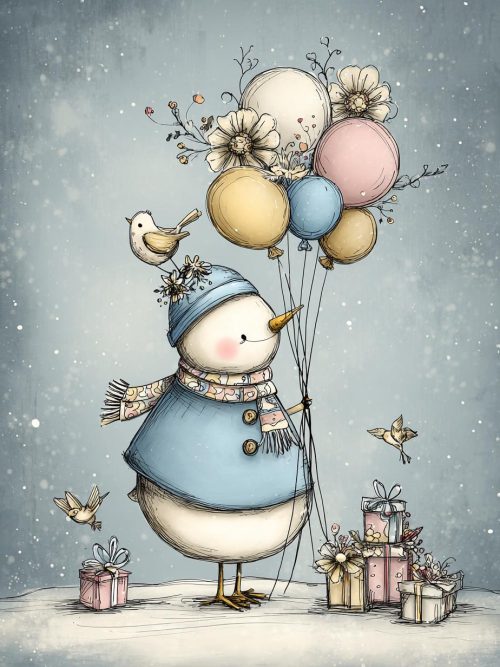 Whimsical Winter Clipart Bundle, 4 Cute Storybook Illustrations, Snowman, Woodland Animals, Winter Village, Vintage Folk Art PNG