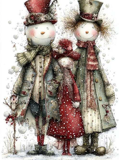 Victorian Snowman Family Clipart Bundle, 4 Whimsical Christmas Storybook Illustrations, Vintage Winter Snowfolk, Festive PNG