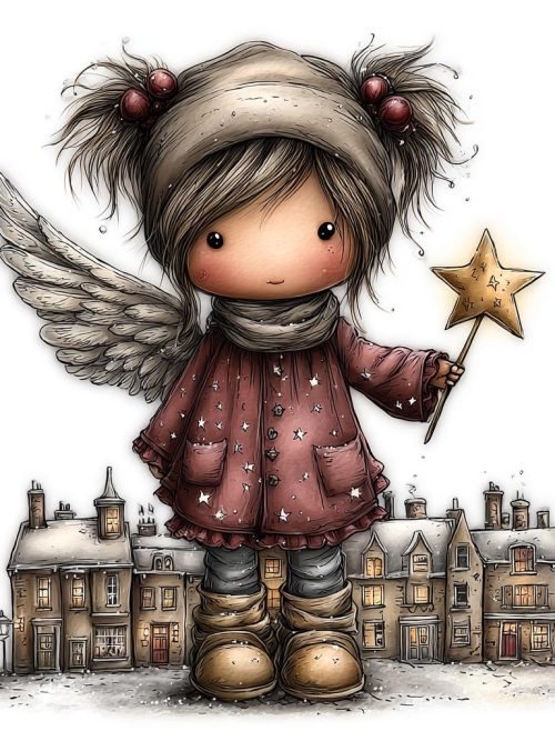 Starry Little Angels PNG Clipart Bundle, 4 Whimsical Christmas Angels, Cute Winter Girls, Festive Storybook Illustrations