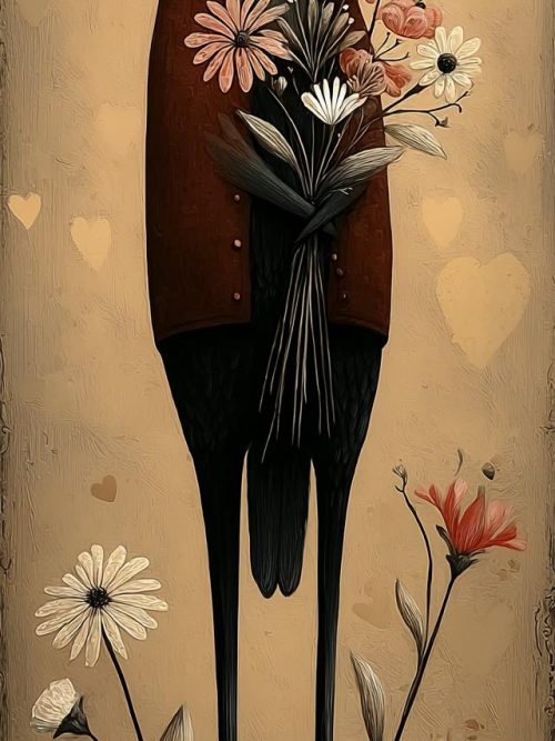 Whimsical Black Crow Art Set, 4 Folk Art Bird Illustrations, Romantic Floral Ravens, Vintage Primitive Woodland Prints