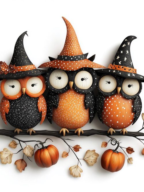 Autumn Witch Owls PNG Bundle, 4 Whimsical Halloween Owl Illustrations, Cute Pumpkin and Witch Hat Clipart, Fall Crafts