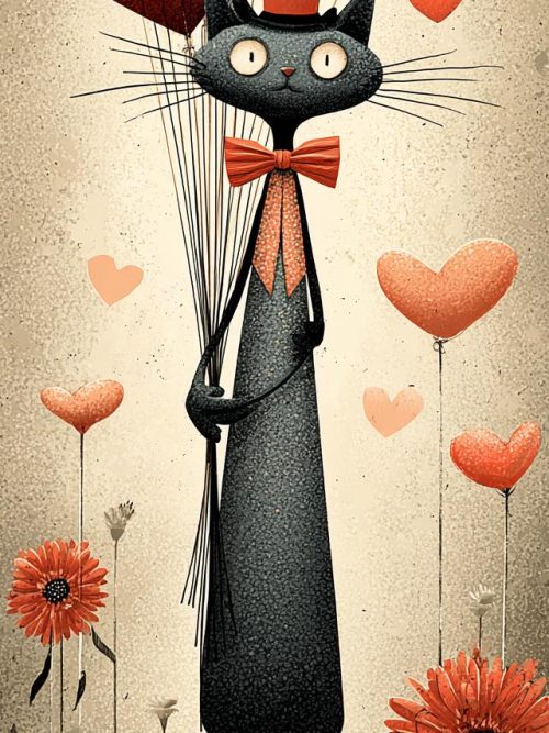 Whimsical Black Cat Art Set, 4 Valentine Cat Illustrations, Heart Balloons, Vintage Folk Art, Quirky Romantic Cats