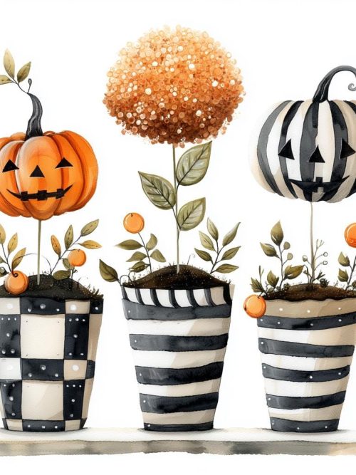 Halloween Pumpkin Topiary PNG Bundle, 8 Whimsical Autumn Flower Pot Illustrations, Black and White Striped Planters, Fall Clipart