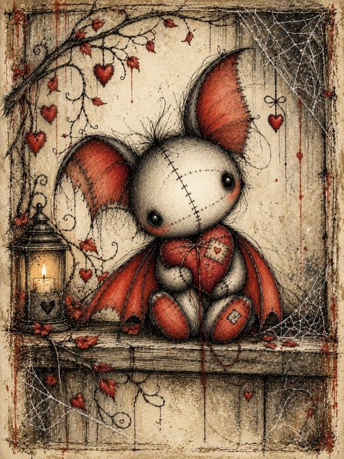 Gothic Bat Clipart Set, Whimsical Stitched Bat Illustrations, Dark Valentine Art, Creepy Cute Fantasy Digital Download