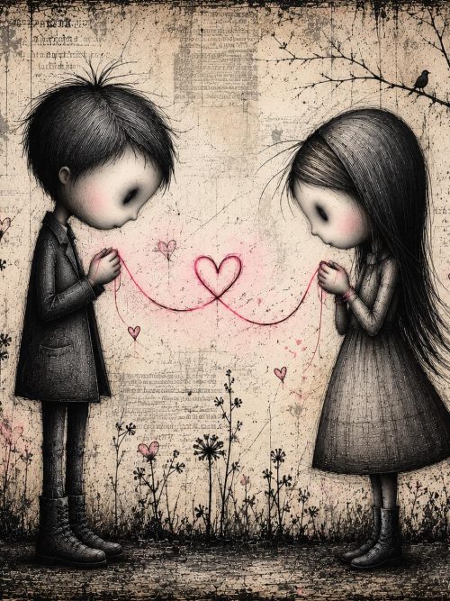 Gothic Romance Journal Art Set of 4 | Whimsical Boy and Girl Illustrations | Vintage Valentine Love Story Digital Prints
