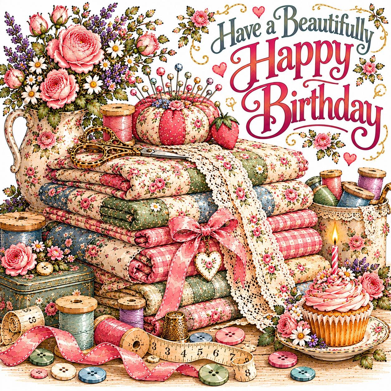 Vintage Sewing Birthday Cards Printable Greeting Card Designs Sewing Machine Button Box Sewing Basket and Patchwork Fabrics - Image 3