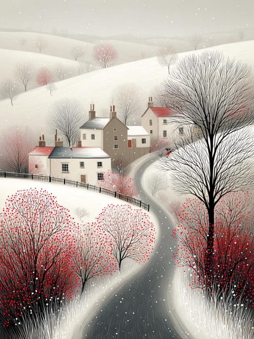 Winter Village Printable Art Set of 4 | Snowy Cottages and Stone Bridges | Scandinavian Folk Art | Pink and Red Winter Landscapes