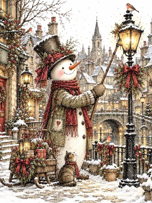 Whimsical Snowman Christmas Art Set of 4 | Victorian Winter Village Illustrations | Vintage Storybook Christmas Printable Art