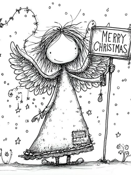 Whimsical Christmas Angels Clipart Set of 4 | Black and White Hand Drawn Ink Fairies | Cute Festive Illustrations