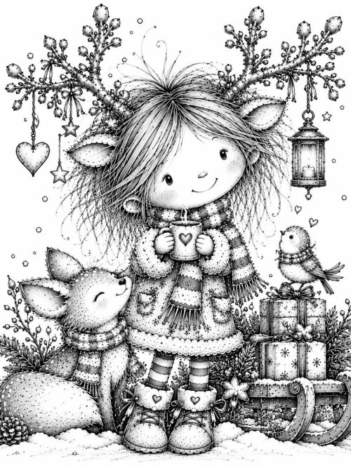 Cute Winter Reindeer Girls Clipart Black and White Pencil Sketch Whimsical Woodland Characters Christmas Illustrations