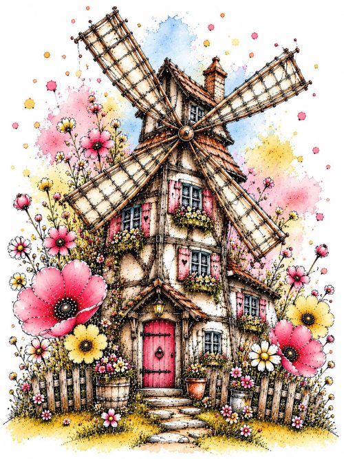 Whimsical Windmill Clipart Watercolour Floral Windmills Pink Yellow Flowers Fairytale Cottage Digital Download