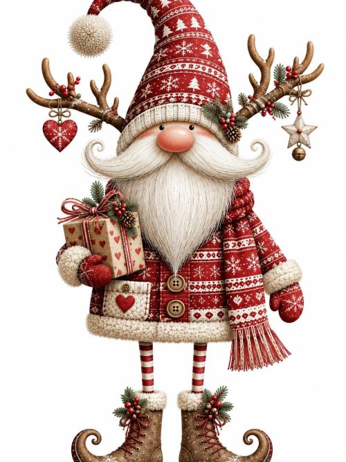 Christmas Reindeer Gnome Clipart Set of 4 | Whimsical Nordic Gnomes, Scandinavian Christmas Characters, Vintage Holiday Art