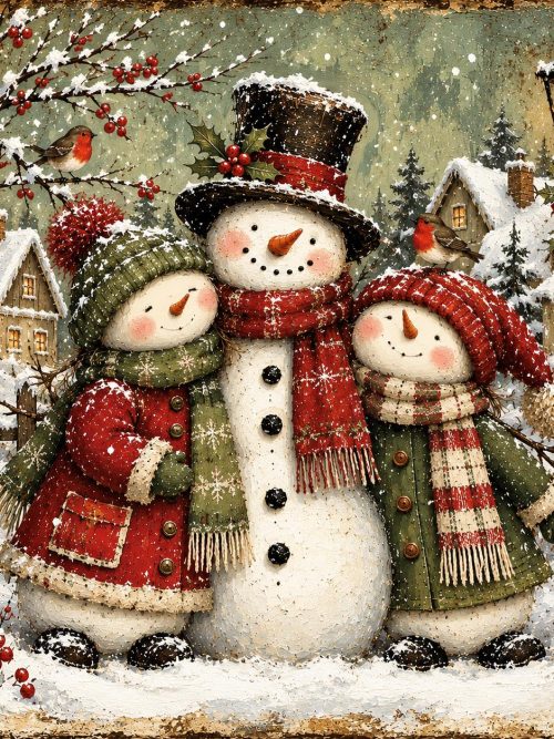 Vintage Christmas Folk Art Set of 4, Snowmen and Children, Rustic Winter Village Scenes, Primitive Christmas Printable PNG