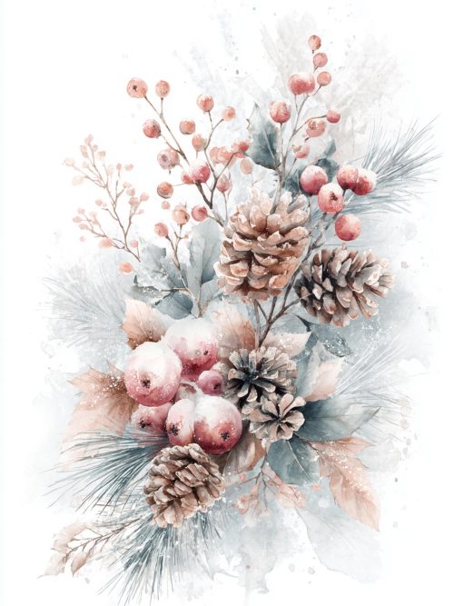 Winter Botanical Clipart Set of 8 PNG | 1500 x 2000 Pixels, Frosted Pinecones, Pink Berries, Blue Winter Florals, Watercolor Christmas Green