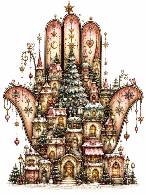 Christmas Hamsa Hand Clipart Set of 4 PNG | Whimsical Winter Villages, Festive Folk Art, Pink Gold Christmas Illustrations