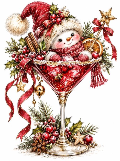 Christmas Snowman Cocktail Clipart Set of 4, Whimsical Festive Watercolor, Vintage Christmas Drinks, Winter Party PNG