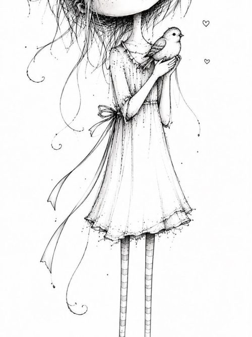 Whimsical Girl Clipart Set of 4, Black and White Sketch Art, Long Legged Girls, Butterfly Flowers and Birds, Junk Journal PNG