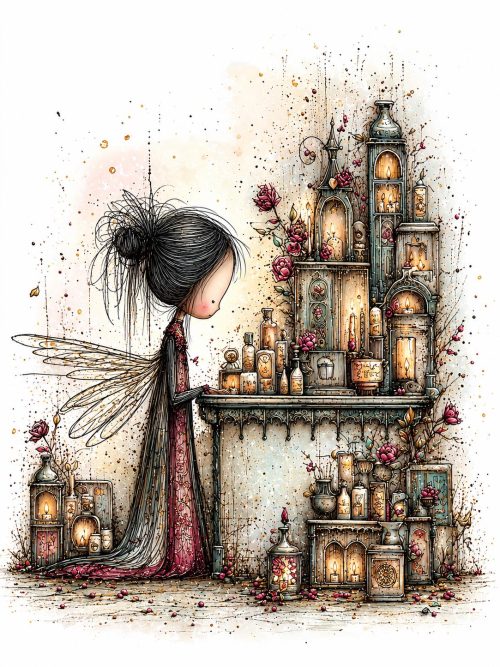 Gothic Fairy Clipart Bundle, 4 Whimsical Dark Fantasy Illustrations, Tiny Winged Fairies, Antique Castles, Vintage Journal PNG