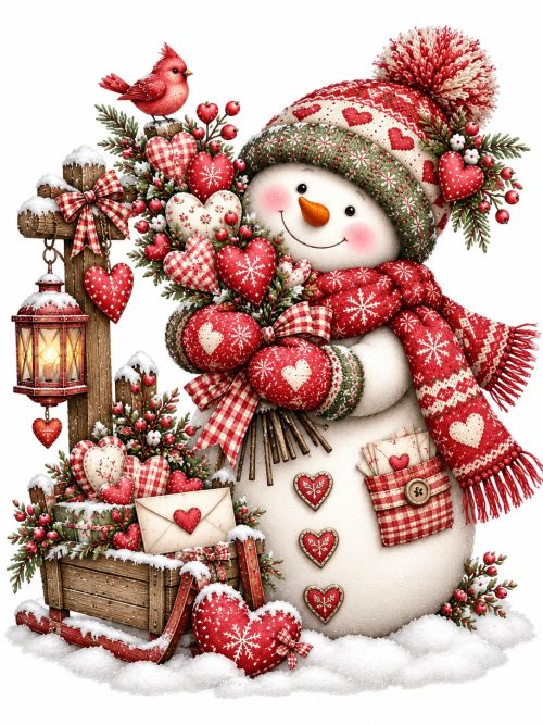 Valentine Snowman Clipart Bundle, 4 Rustic Winter Snowmen, Heart Letters, Cosy Country Folk Art, Romantic Winter PNG