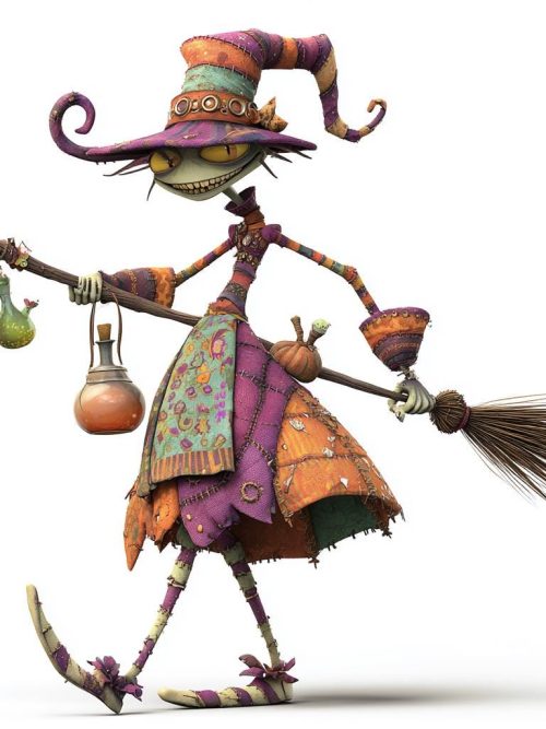 Potion Patch Witches PNG Clipart Bundle, 4 Whimsical Halloween Witches, Patchwork Witch Characters, Quirky Gothic Fantasy Art