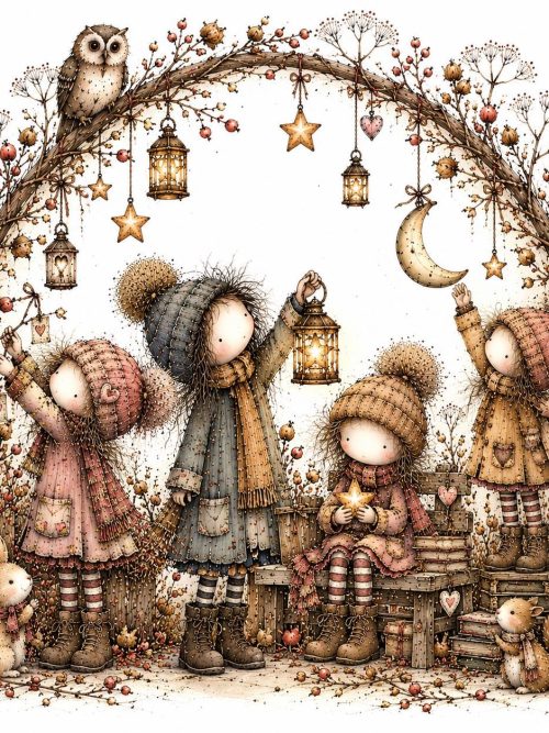 Whimsical Winter Children PNG Bundle, 4 Vintage Storybook Illustrations, Woodland Friends, Moonlight Wishes, Folk Art Clipart