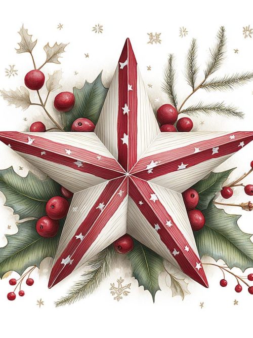 Vintage Christmas Star PNG Bundle, 12 Red and Cream Striped Stars, Holly Berry Botanical Clipart, Rustic Christmas Decorations