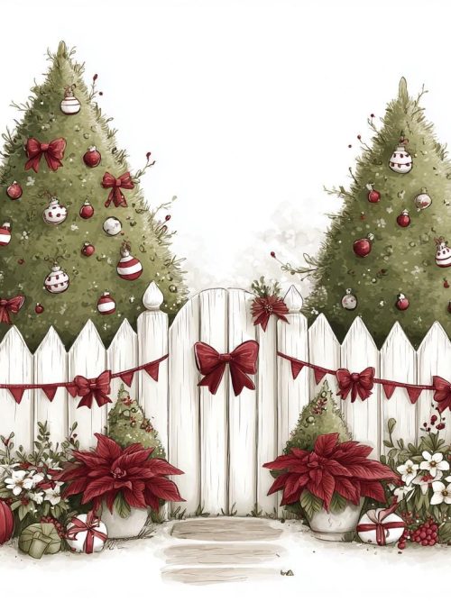 Vintage Christmas Fence PNG Bundle, 12 Festive Winter Garden Scenes, Christmas Trees, Red Bows and Poinsettias