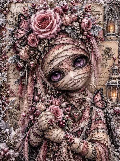 Forgotten Rose Dolls Gothic Art, 5 Victorian Mummy Girls, Dusty Pink Roses, Purple Eyes, Dark Romance Junk Journal Digital Set