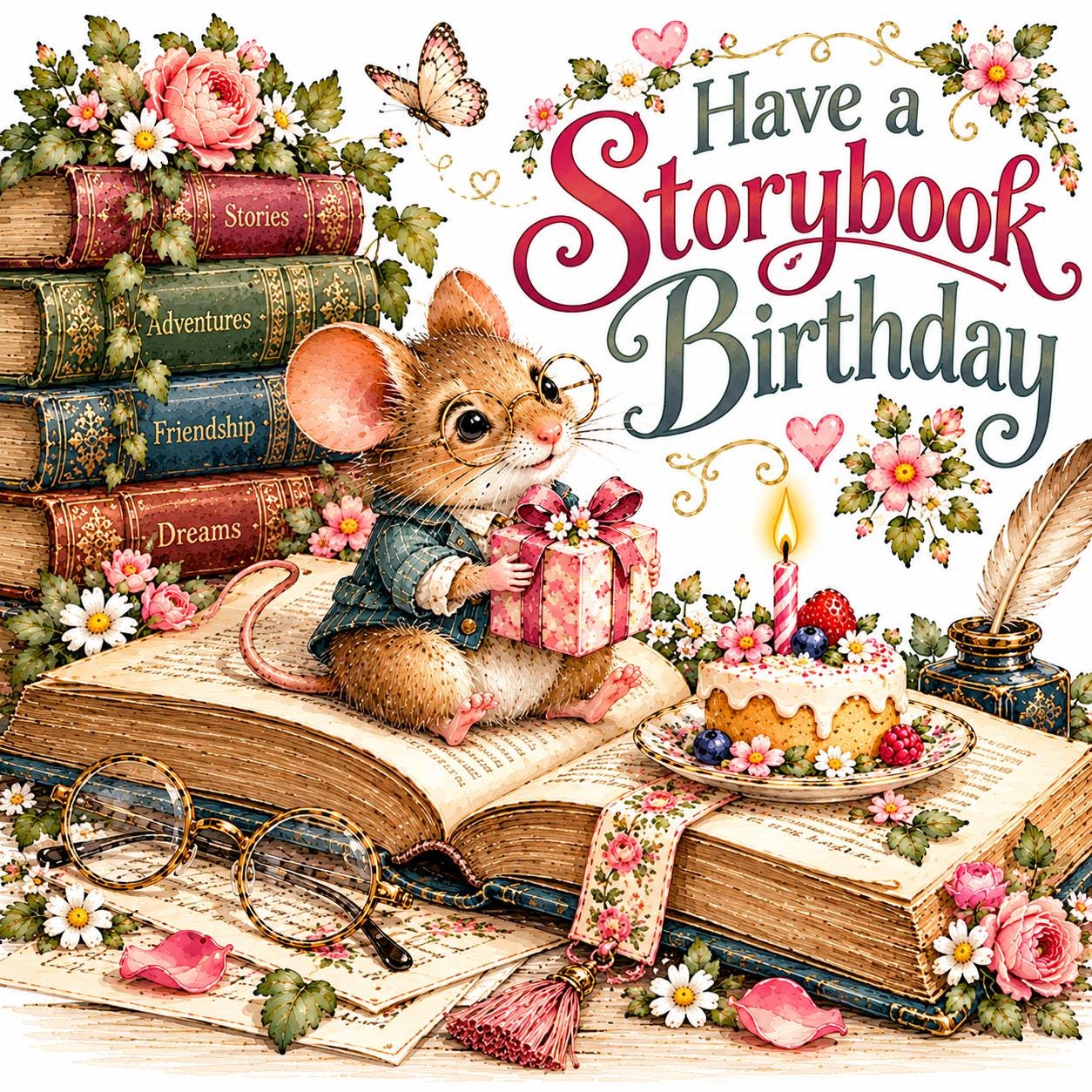 Vintage Book Lover Birthday Cards Printable Storybook Greeting Card Designs Antique Books Reading Nook Mouse and Bookshop - Image 4