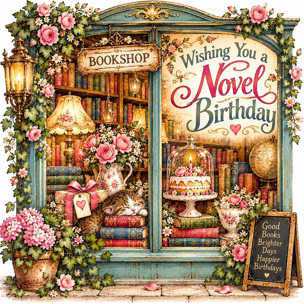 Vintage Book Lover Birthday Cards Printable Storybook Greeting Card Designs Antique Books Reading Nook Mouse and Bookshop - Image 3