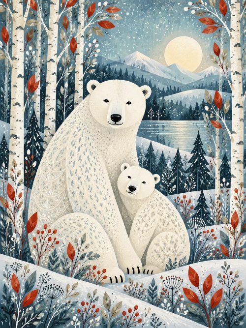 Scandinavian Polar Bear Clipart, Winter Woodland Folk Art, Nordic Wildlife Illustrations, Snowy Forest Digital Download